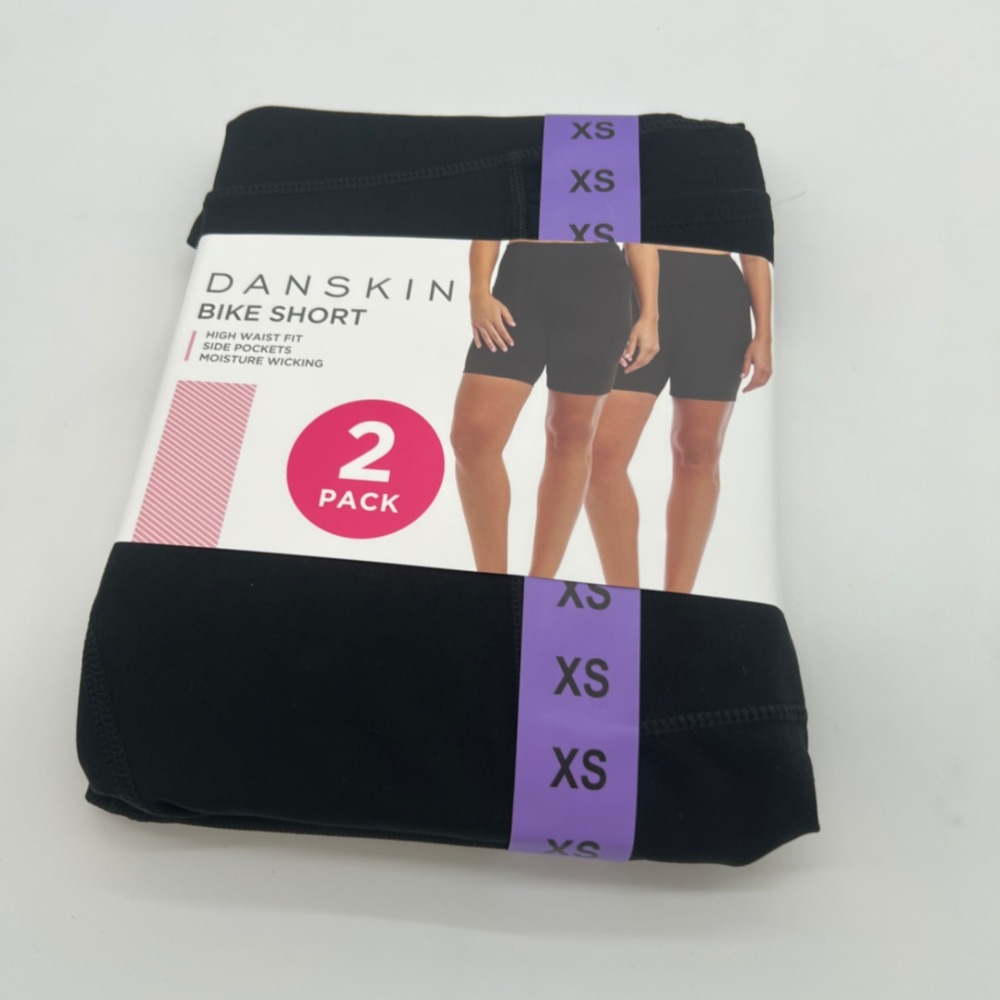 Danskin Womens Bike Shorts 2 Pack Black Salt Rib High Waist Side Pockets XS NEW